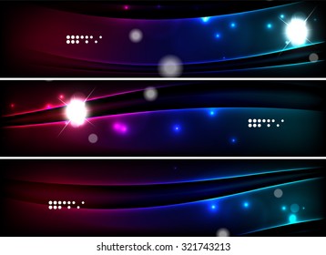 Set of banner, header backgrounds with place for your message. Glowing color neon light lines in dark space. Advertising layouts.