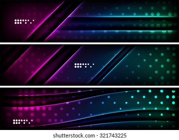 Set of banner, header backgrounds with place for your message. Glowing color neon light lines in dark space. Advertising layouts.