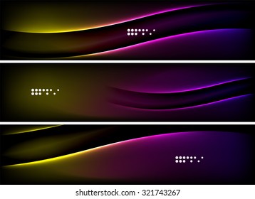 Set of banner, header backgrounds with place for your message. Glowing color neon light lines in dark space. Advertising layouts.