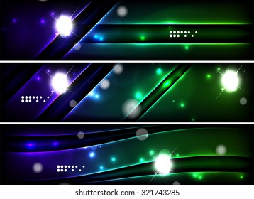 Conjunto de banner, fondos de cabecera con lugar para el mensaje. Color brillante de las líneas de luz de neón en el espacio oscuro. Diseños publicitarios.