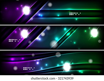 Set of banner, header backgrounds with place for your message. Glowing color neon light lines in dark space. Advertising layouts.