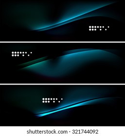 Set von Bannern, Kopfzeilen-Hintergründen mit Platz für Ihre Nachricht. Leuchtende Neonlichtlinien in dunklem Raum. Werbegestaltung.
