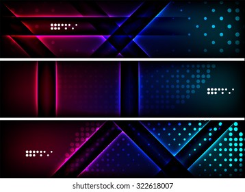 Set of banner, header backgrounds with place for your message. Glowing color neon light lines in dark space. Advertising layouts.