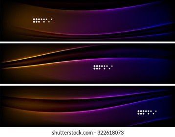 Set of banner, header backgrounds with place for your message. Glowing color neon light lines in dark space. Advertising layouts.
