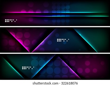 Set of banner, header backgrounds with place for your message. Glowing color neon light lines in dark space. Advertising layouts.