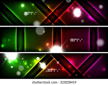 Set of banner, header backgrounds with place for your message. Glowing color neon light lines in dark space. Advertising layouts.