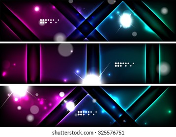 Conjunto de banner, fondos de cabecera con lugar para el mensaje. Color brillante de las líneas de luz de neón en el espacio oscuro. Diseños publicitarios.
