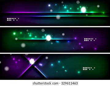 Set of banner, header backgrounds with place for your message. Glowing color neon light lines in dark space. Advertising layouts.