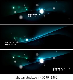 Set of banner, header backgrounds with place for your message. Glowing color neon light lines in dark space. Advertising layouts.