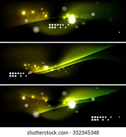 Set of banner, header backgrounds with place for your message. Glowing color neon light lines in dark space. Advertising layouts.