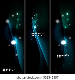 Set of banner, header backgrounds with place for your message. Glowing color neon light lines in dark space. Advertising layouts.