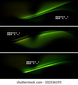 Set of banner, header backgrounds with place for your message. Glowing color neon light lines in dark space. Advertising layouts.