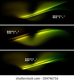 Set of banner, header backgrounds with place for your message. Glowing color neon light lines in dark space. Advertising layouts.