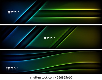 Set of banner, header backgrounds with place for your message. Glowing color neon light lines in dark space. Advertising layouts.