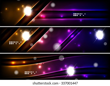 Set of banner, header backgrounds with place for your message. Glowing color neon light lines in dark space. Advertising layouts.