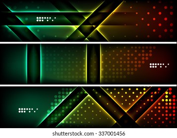 Conjunto de banner, fundos de cabeçalho com local para sua mensagem. Linhas de luz neon de cor brilhante no espaço escuro. Layouts de publicidade.