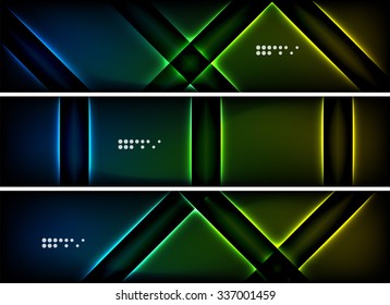 Set of banner, header backgrounds with place for your message. Glowing color neon light lines in dark space. Advertising layouts.