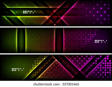 Set of banner, header backgrounds with place for your message. Glowing color neon light lines in dark space. Advertising layouts.