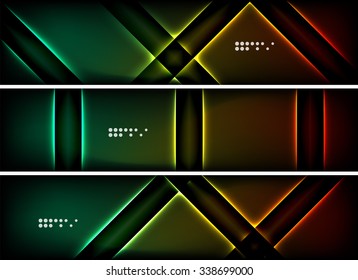 Conjunto de banner, fondos de cabecera con lugar para el mensaje. Color brillante de las líneas de luz de neón en el espacio oscuro. Diseños publicitarios.