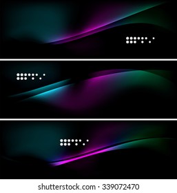 Set of banner, header backgrounds with place for your message. Glowing color neon light lines in dark space. Advertising layouts.