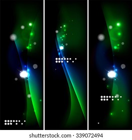 Conjunto de banner, fondos de cabecera con lugar para el mensaje. Color brillante de las líneas de luz de neón en el espacio oscuro. Diseños publicitarios.