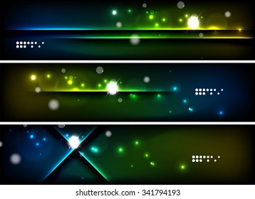 Set of banner, header backgrounds with place for your message. Glowing color neon light lines in dark space. Advertising layouts.