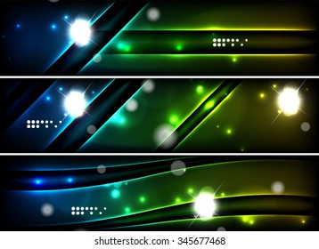 Set of banner, header backgrounds with place for your message. Glowing color neon light lines in dark space. Advertising layouts.