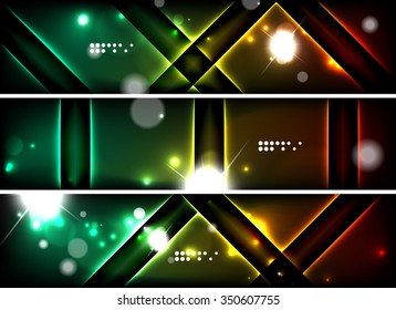 Set of banner, header backgrounds with place for your message. Glowing color neon light lines in dark space. Advertising layouts.