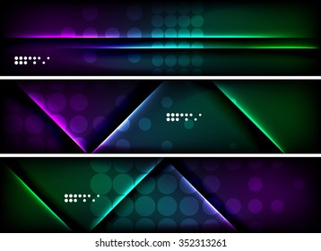 Set of banner, header backgrounds with place for your message. Glowing color neon light lines in dark space. Advertising layouts.