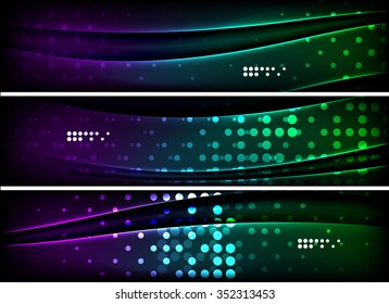 Set von Bannern, Kopfzeilen-Hintergründen mit Platz für Ihre Nachricht. Leuchtende Neonlichtlinien in dunklem Raum. Werbegestaltung.