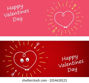 Set banner with Heart on a dark red  and pink background. Yellow rays of the sun and cupid arrows. Postcard for Valentine's day with empty place under the text. 
