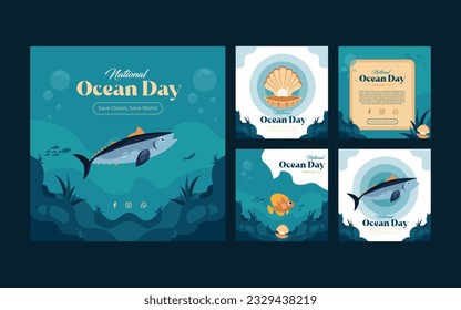 conjunto de íconos de banner para el Día Mundial de los Océanos, 8 de junio. fondo marino. delfines, tiburones, corales, peces, plantas marinas. ilustración de diseño, afiche, banner, plantilla guardar el día en el océano.