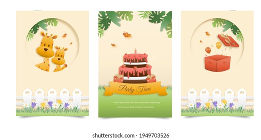 Set banner Invitation birthday cute greeting card. jungle animals celebrate children's birthday and template invitation paper and papercraft style vector illustration. Theme happy birthday.