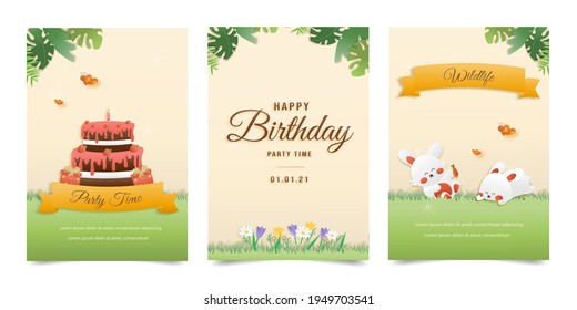 Set banner Invitation birthday cute greeting card. jungle animals celebrate children's birthday and template invitation paper and papercraft style vector illustration. Theme happy birthday.