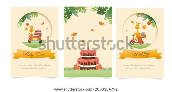 Set banner Invitation birthday cute greeting\
card. jungle animals celebrate children\'s birthday and template\
invitation paper and papercraft style vector illustration.Theme\
happy birthday.