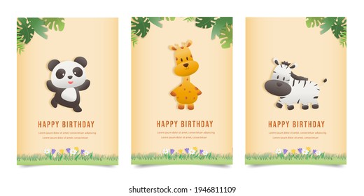 Set banner Invitation birthday greeting card with a cute animal. jungle animals celebrate children's birthday and template invitation papercraft style vector illustration.