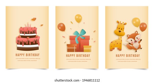 Set banner Invitation birthday greeting card with a cute animal and gift box. jungle animals celebrate children's birthday and template invitation papercraft style vector illustration.