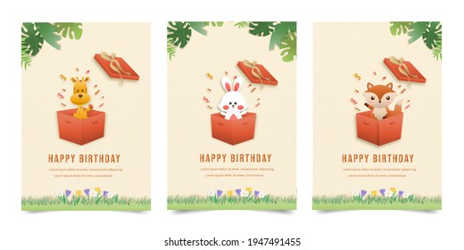 Set banner Invitation birthday greeting card with a cute animal. jungle animals celebrate children's birthday and template invitation papercraft style vector illustration.