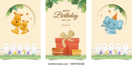 Set banner Invitation birthday greeting card with a cute animal. jungle animals celebrate children's birthday and template invitation paper and papercraft style vector illustration.