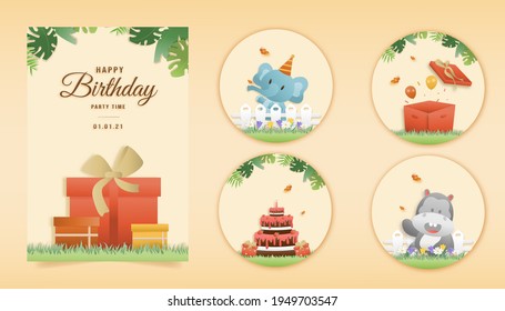 Set banner Invitation birthday greeting card with a cute animal. jungle animals celebrate children's birthday and template invitation papercraft style vector illustration.