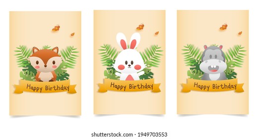 Set banner Invitation birthday greeting card with a cute animal. character jungle animals celebrate and template invitation papercraft style vector illustration.
