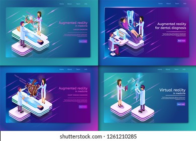 Set Banner Isometric Medical Treatment for Patient. Vector Illustration Augmented Reality in Madicine Cancer Diagnosis, Heart Disease Diagnosis, Augmented Reality for Dental Diagnosis, Virtual Reality