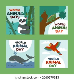 Set of Banner the Jungle Animals in forest on the world in Happy animal day concept, cute cartoon vector illustration