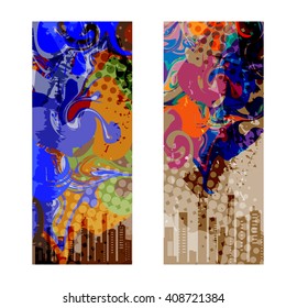 set of banner or label Abstract City on grunge background with psychedelic swirls