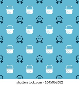 Set Banner, label, tag, logo for eco and Shopping basket on seamless pattern. Vector
