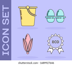 Set Banner, label, tag, logo for eco, Bucket, Corn and Chicken egg in box icon. Vector
