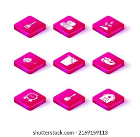 Set Banner, label, tag, logo for eco, Shovel, Wheelbarrow with dirt, Bucket, Farm House concept, Cheese, Sprout and Roll of hay icon. Vector