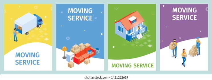 Set Banner Moving Service Vector Illustration. Man in Uniform Loads Boxes into Van. Flat Banner Furniture is Ready for Transportation. Woman Stands on Porch House Lettering Isometric.