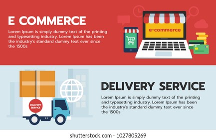 Set of banner online shopping, e-commerce on device and truck shipping delivery service with smartphone, money and credit card icon. Vector delivery