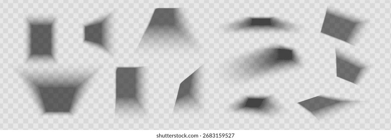 Set of banner, paper or packing box shadow effects. Different realistic soft grey shapes. Rectangular shades isolated on transparent background.